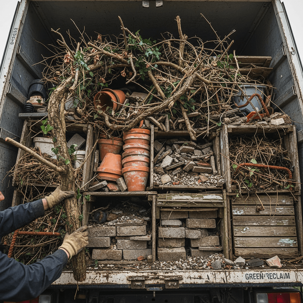 Garden debris and rubble being removed