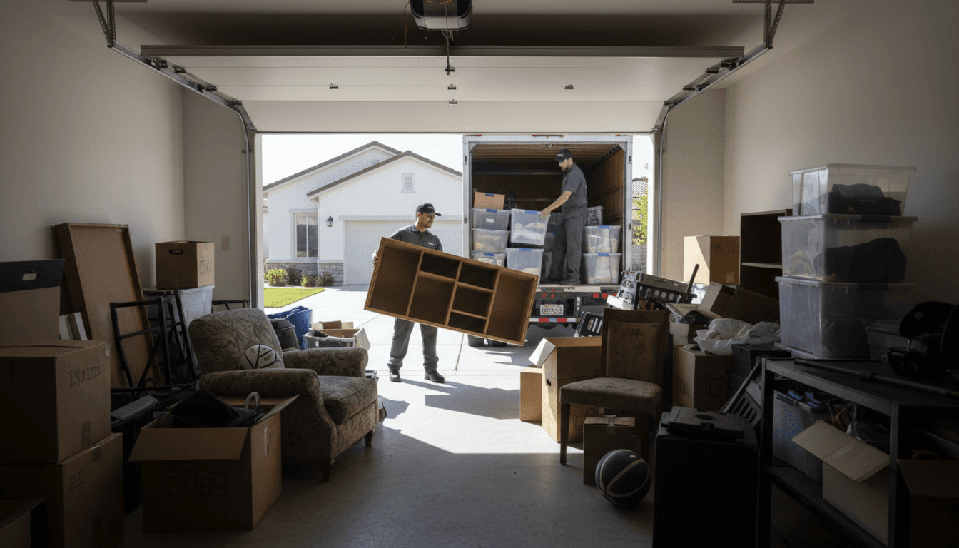 Two workers in uniforms loading boxes and furniture into truck outside residential garage during comprehensive junk removal cleanout